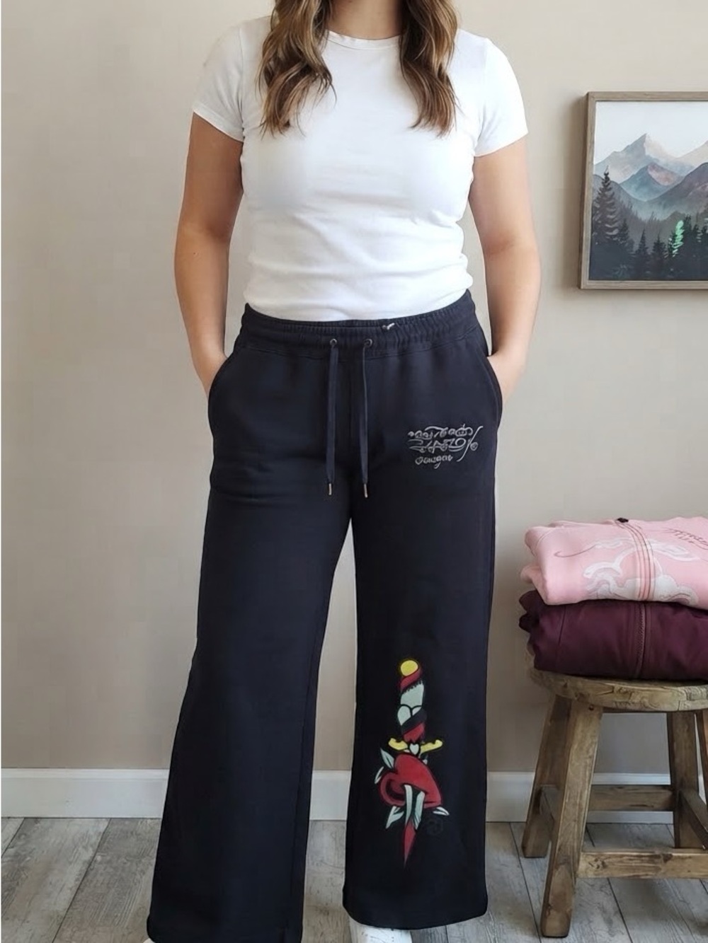 Ed Hardy Black Wide-Leg Track Pants with Dagger Graphic